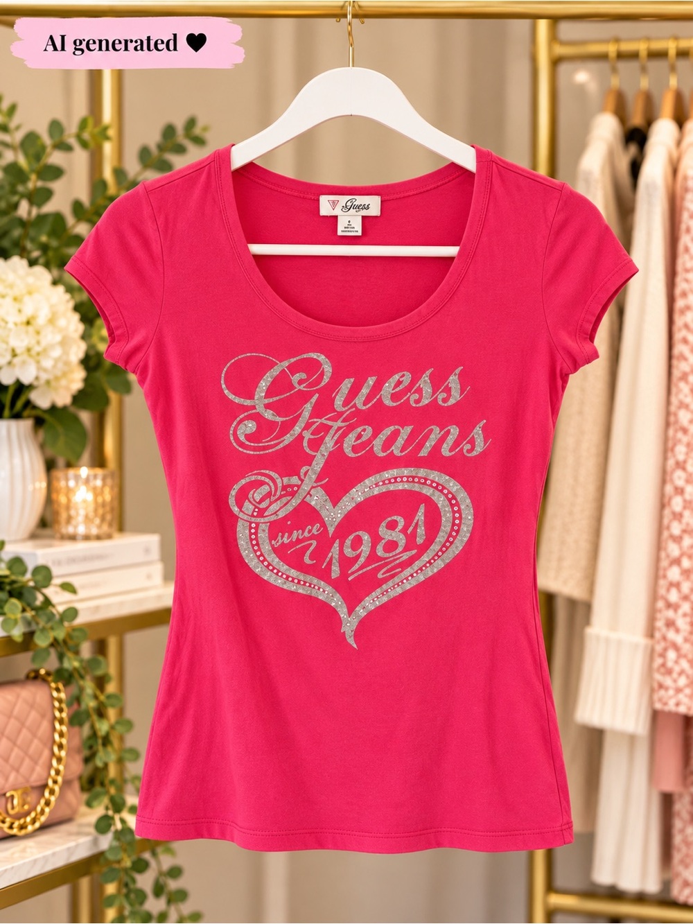 GUESS Jeans Pink Heart Graphic T-Shirt Y2K Size S